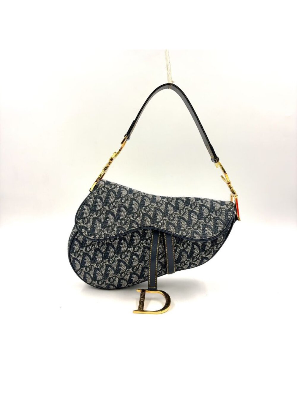 Dior Saddle Bag Trotter Oblique Pattern Leather Canvas Navy Black Gold